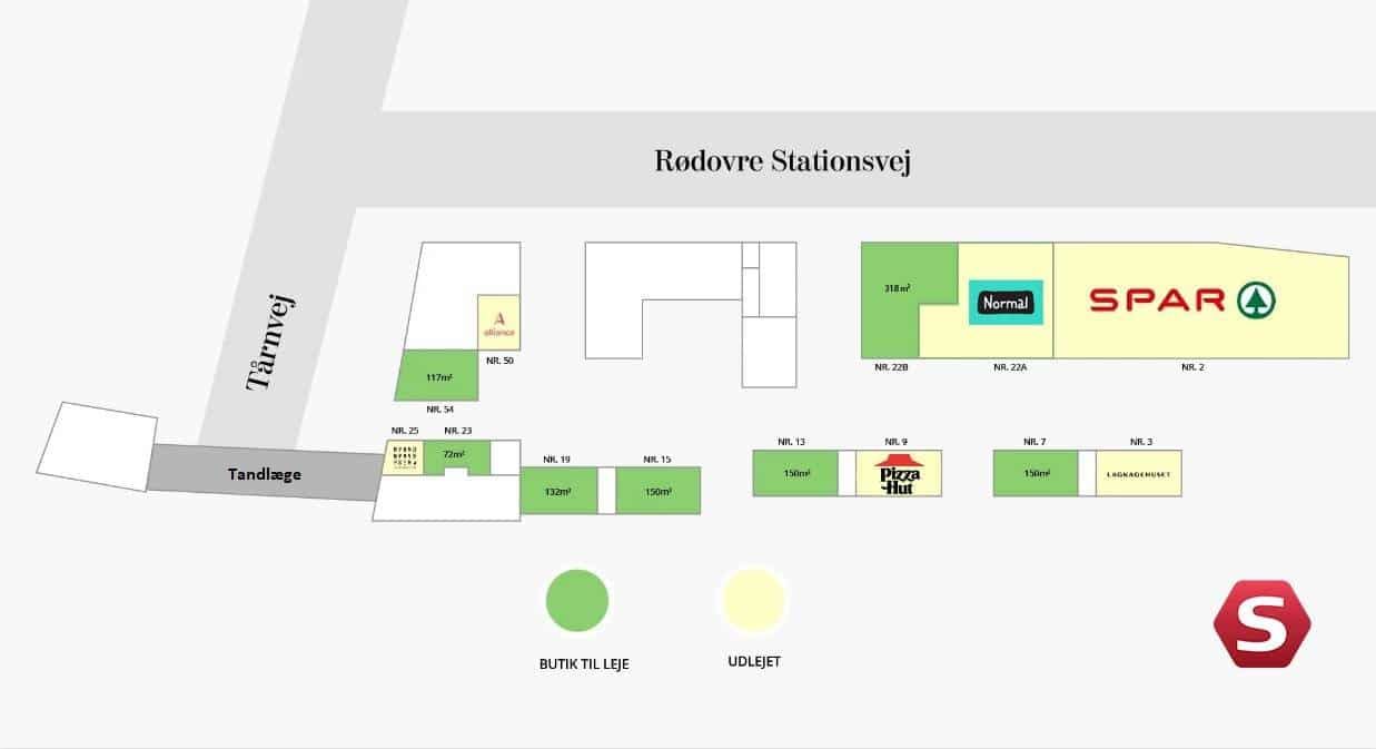 Rødovre Stationsvej med SPAR supermarked, Pizza Hut, Lagkagehuset, Normal og 11 andre butikker