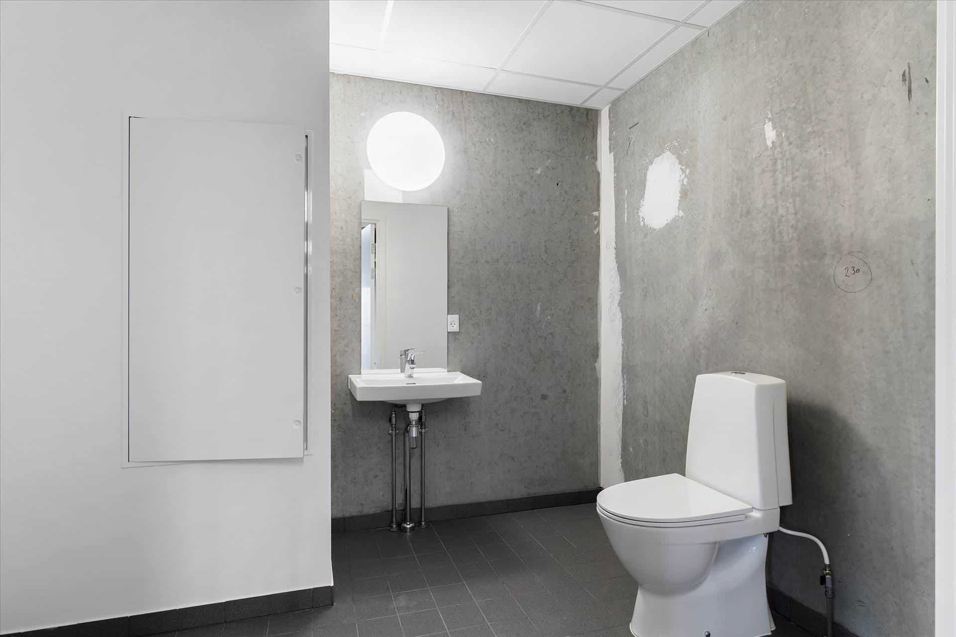 Et lille badeværelse med hvid toilet, hvidt vask og hvidt spejl i grå betonvæg og hvidt loft samt gulv