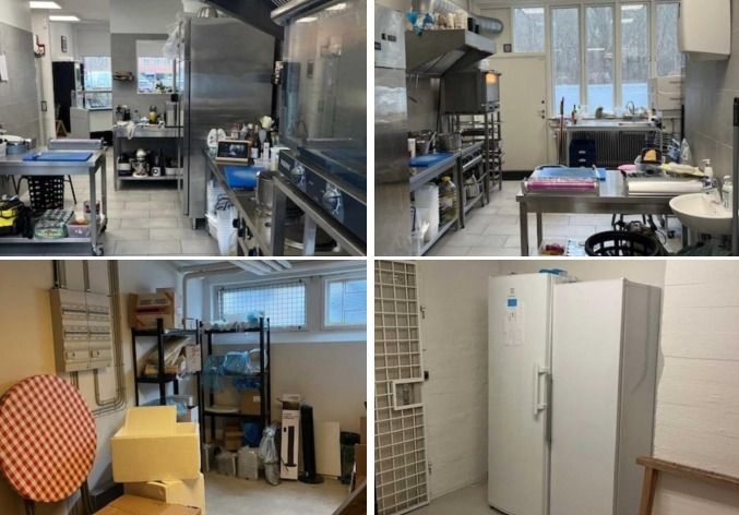 Fire billeder af et spisestueområde med moderne indretning og husholdningsapparater i et salgslokal