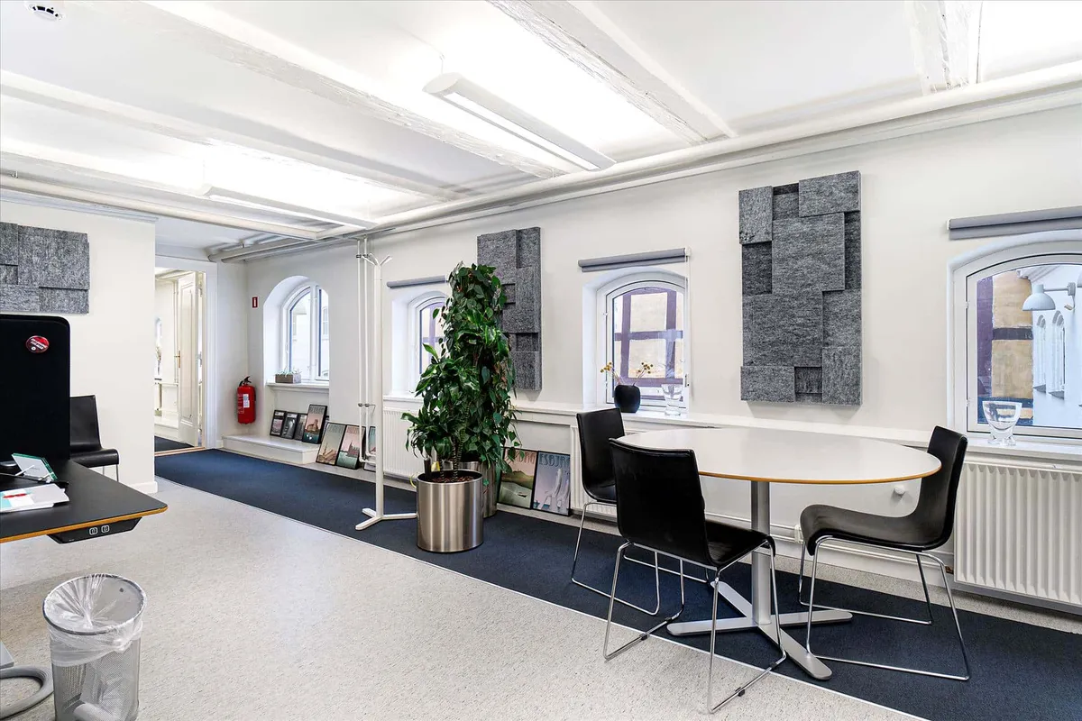 Kontor med lyse, lysegule vægge, hvide lofter, runde bord, læderstole og plante i en stålpotte.