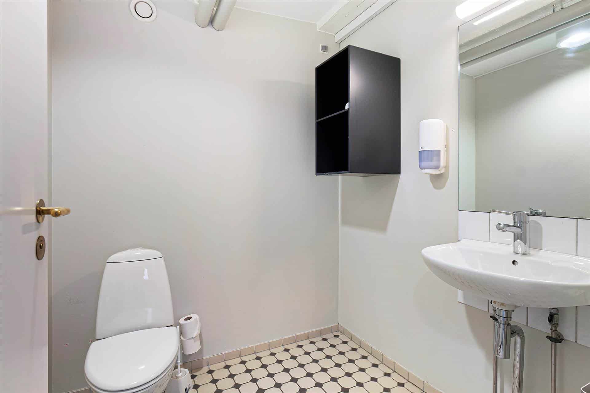 Et lille badeværelse med toilet, håndvask og håndsæbeautomat. Der er et toiletpapir og en stang med børste til toilettet.