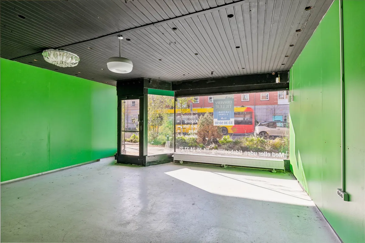 Et tomt kontorlokal med grønne vægge, hvide loftsbrætter og et vindue med glasdæk og plantager udenfor