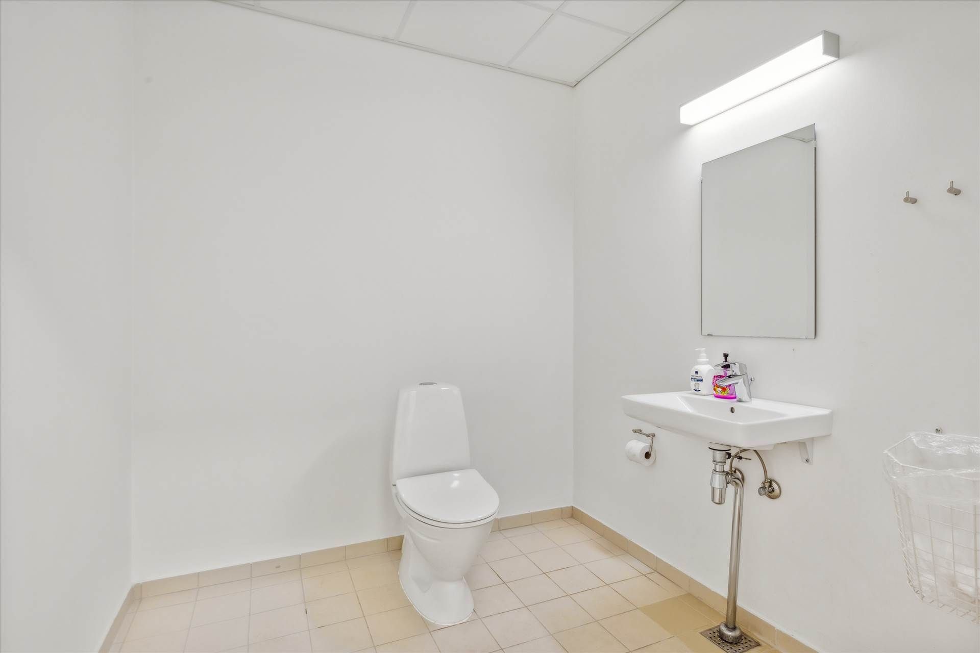 En lille hvid badeværelse med et toilet, en hvid vask og en spejl samt en hængende lampe