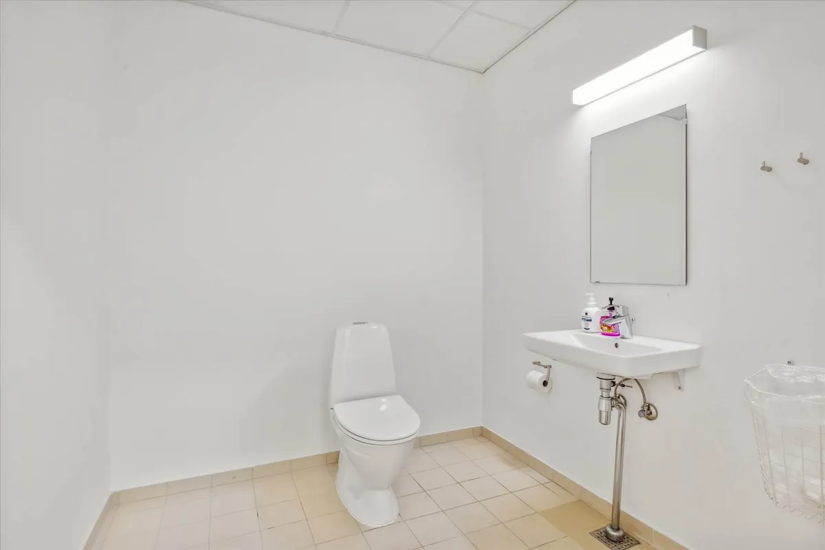 En lille hvid badeværelse med et toilet, en hvid vask og en spejl samt en hængende lampe