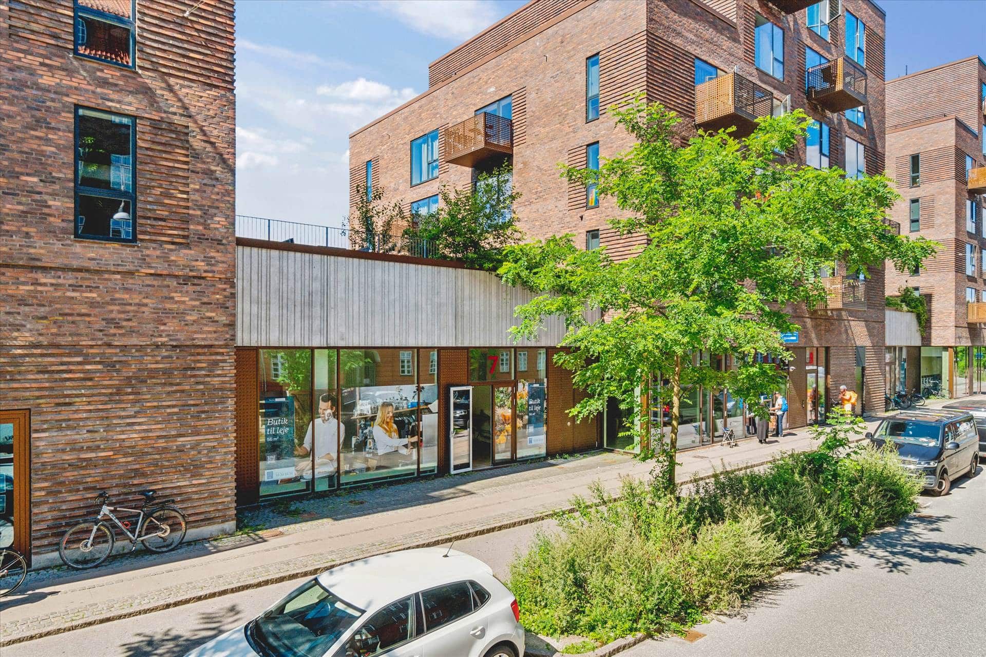 En slank bygning med mange vinduer og højtliggende balkoner ud til gaden, med en stor træplantning og parkerede biler langs