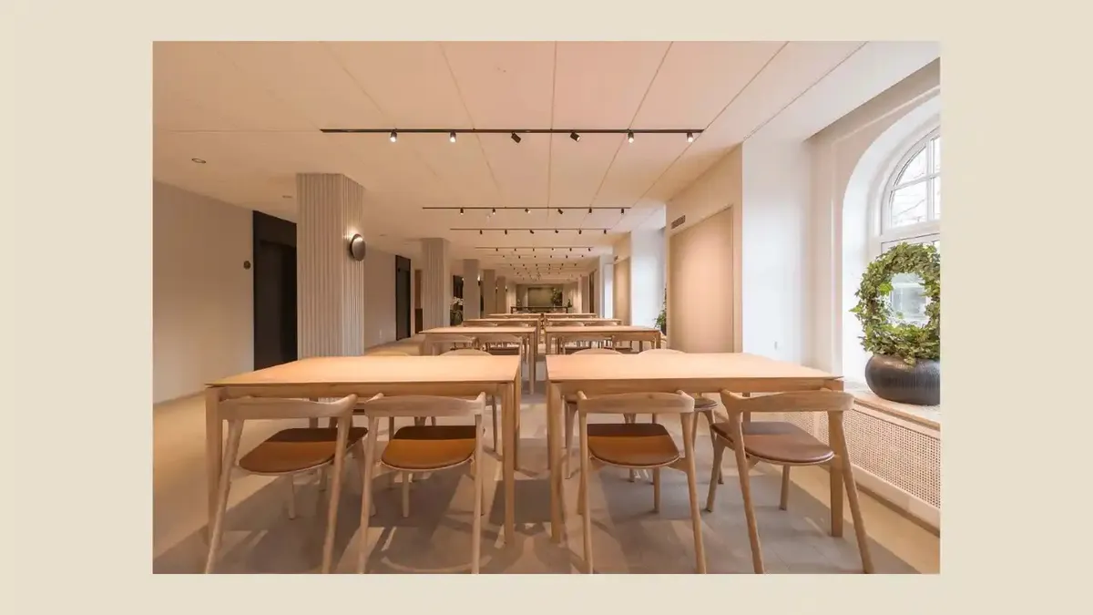 Kontorlokaler med lyse vægge og træborde og stole samt et plantearrangement i vinduet