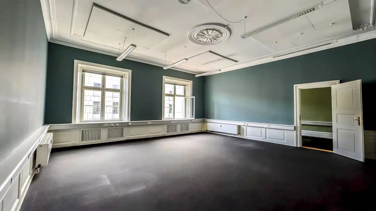 Et rum med to vinduer og en åben dør med lyse og lysegrå vægge og sort gulv samt to hængende lys