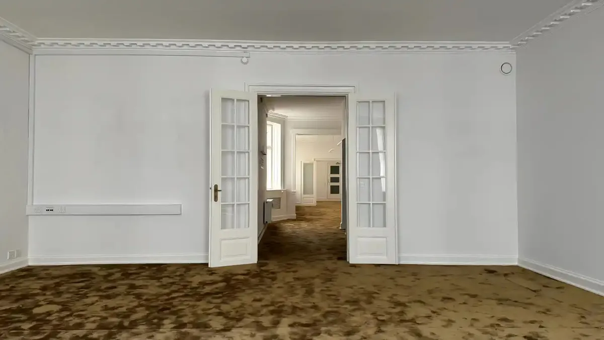 Moderne, lysfyldt stue med lysegul gulvbelægning og hvide vægge. Dørene er åbne og viser et rum med gulvbelægning og hvide