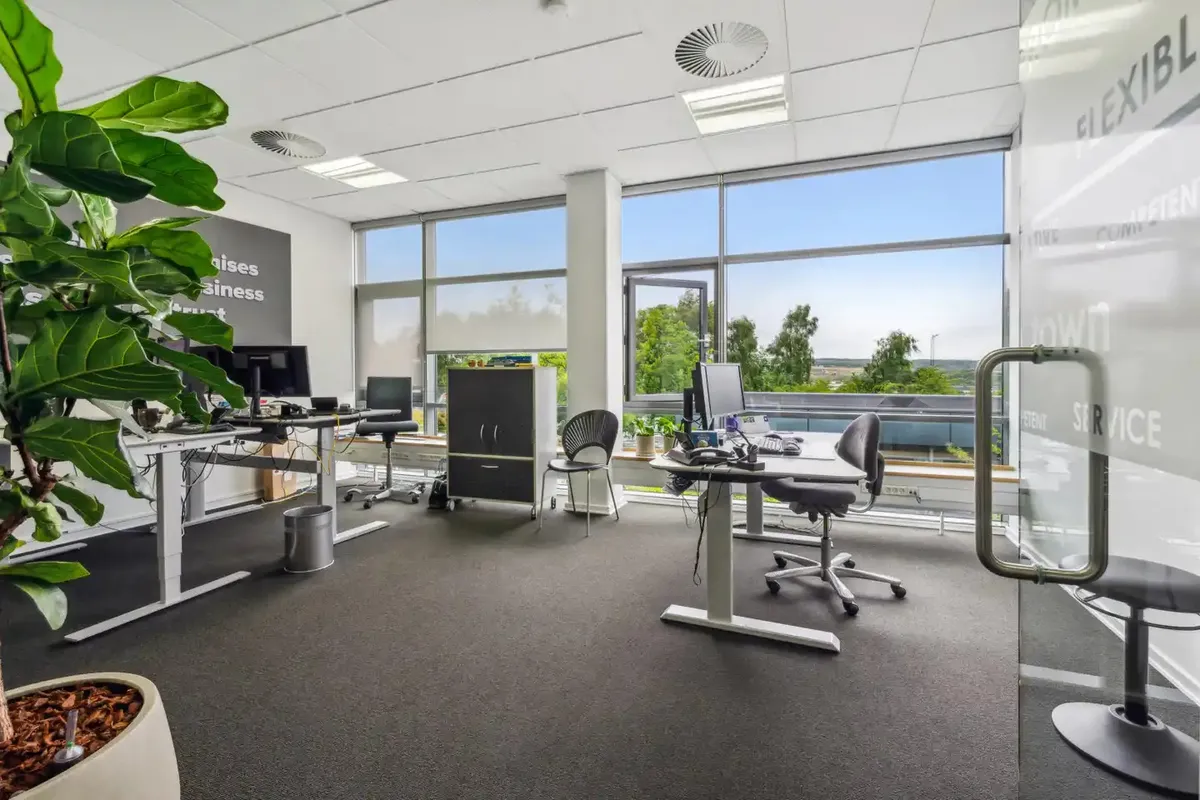 Moderne kontor med høj vinduesdekoration og fuldt udstyret arbejdsområde med computere, stole og plante.