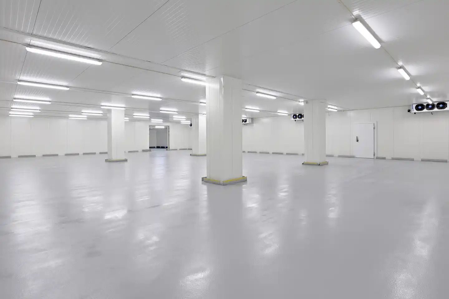 Lagerlejemål med kølefaciliteter, store hvide søjler og hvide vægge, lyse gulve og store vinduer med rulleskærme