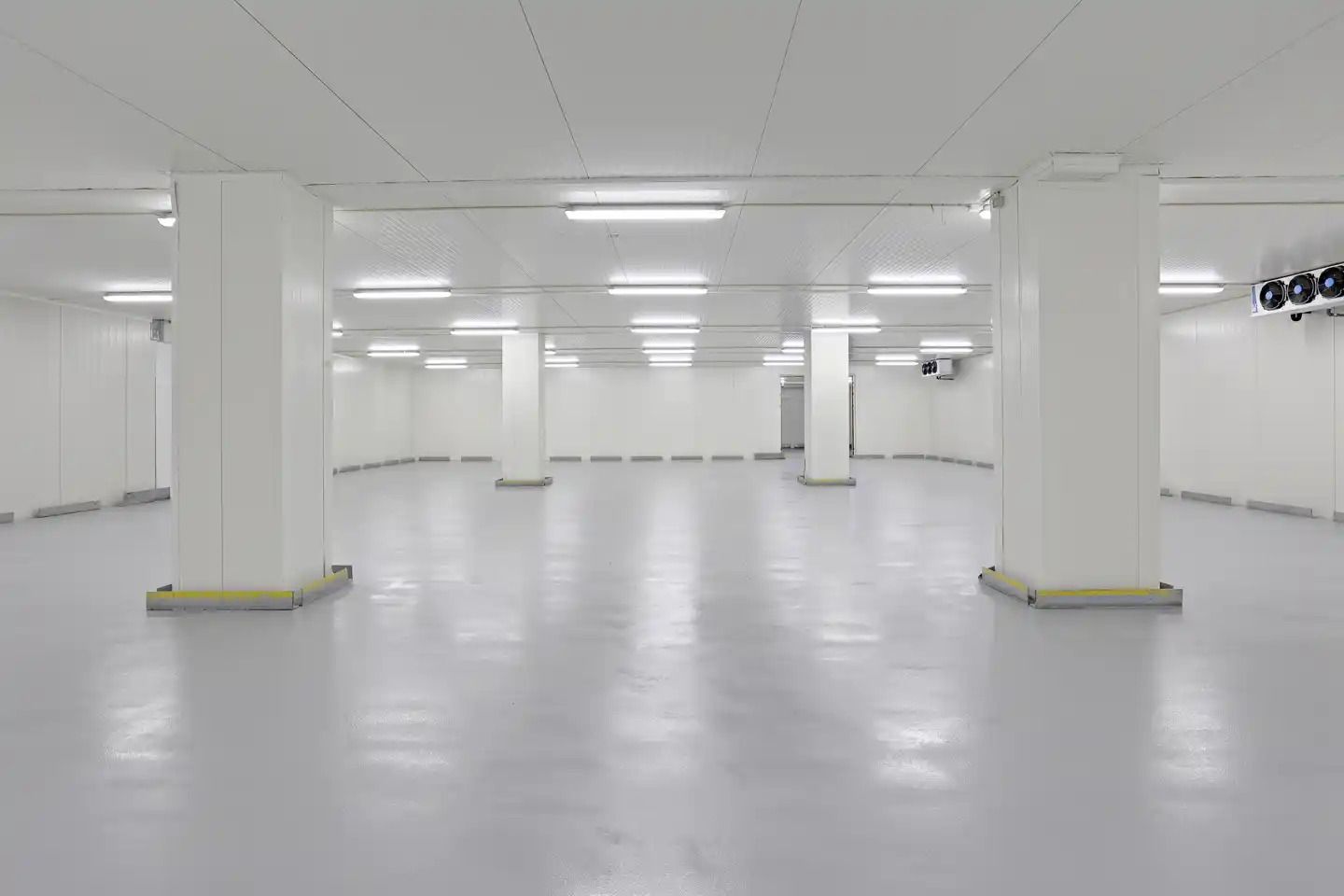 En stor og rummelig kølelagerhal med lysegul gulvbelægning og flere store hvide søjler fordelt rundt i rummet