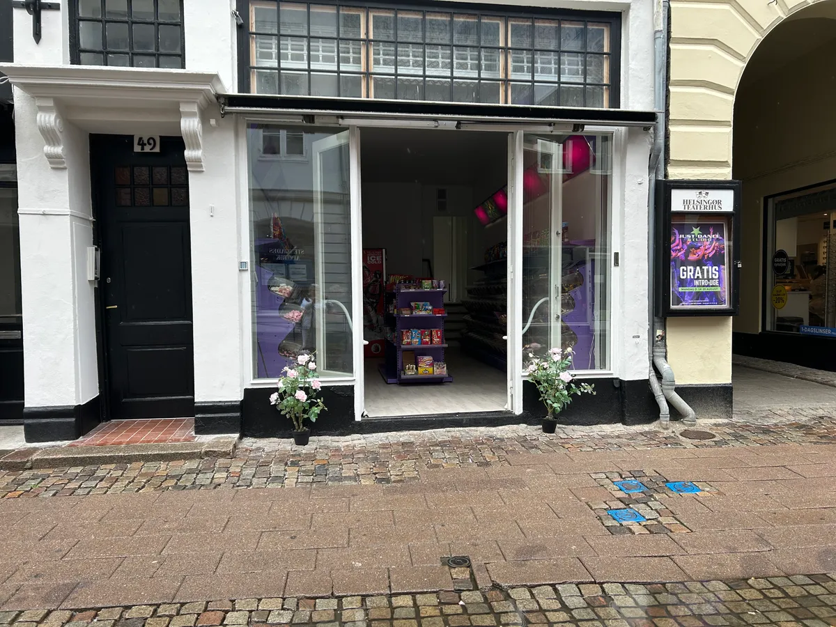 Butik med nummer 49 på Stengade i Helsingør, med åbne glasdøre og lyse farver, samt plantepoteter med blomster udenfor