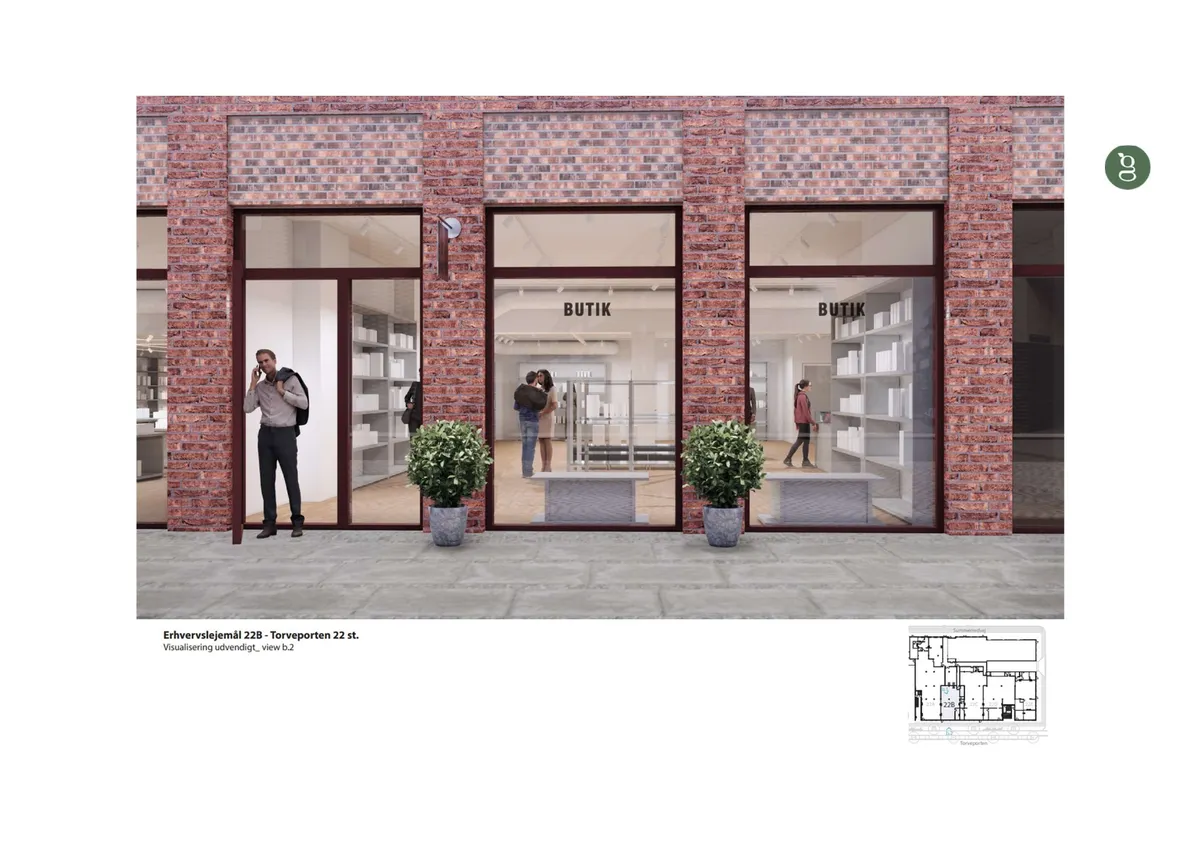 Lejemål med glas og mursten, udvendigt med plantager og personer, tekst BUTIK i vinduet