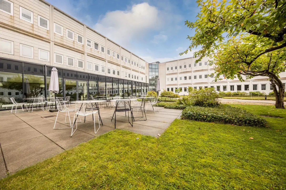 En terrasse med hvide stole og spisborde i en grøn park med lyseblå himmel