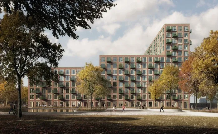 Nybyggede lejemål i Ørestad med udsigt mod Royal Arena og smukke park med træer og grønne arealer