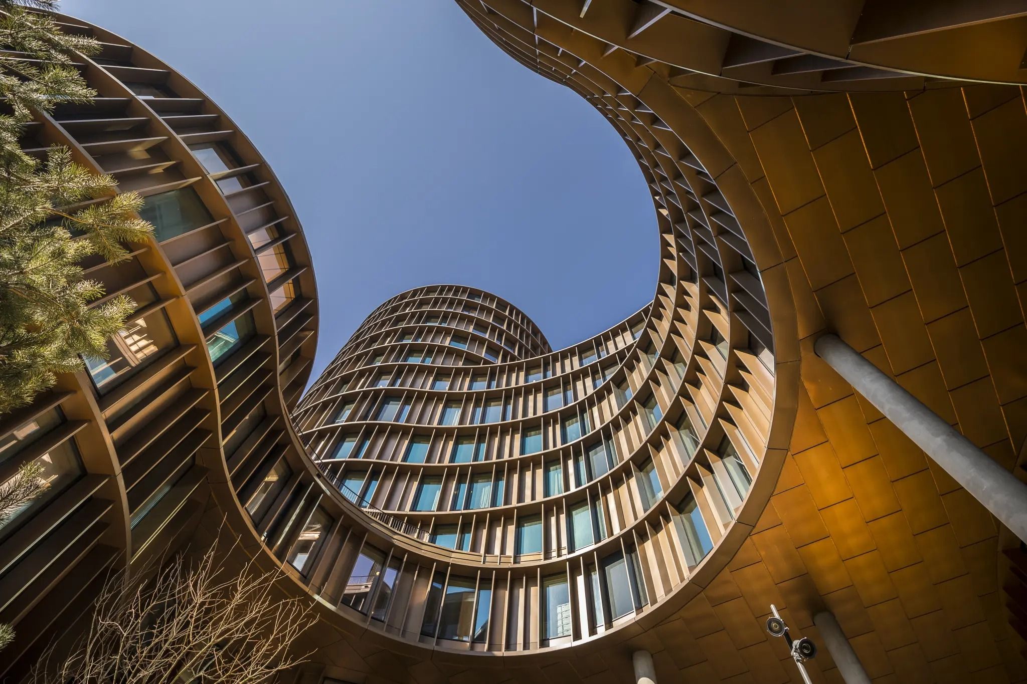 Moderne bygning med snoede facader og glasvinduer i en lys, solrig dag. En slank søjle står ved siden af og trægrene stiger