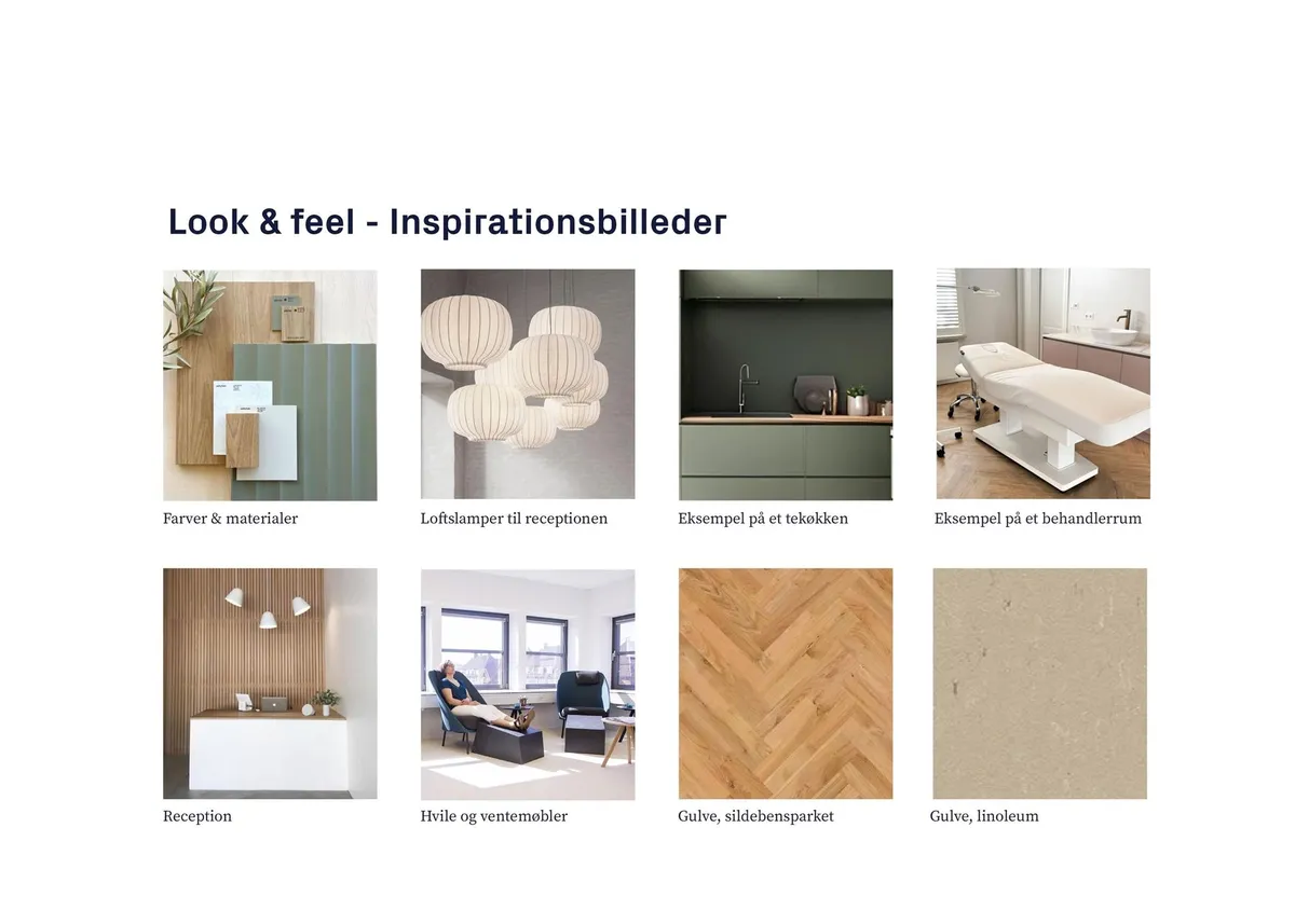 Inspirationsbilleder af en klinik i Aarhus med loftslamper, møbler, gulve, reception og tekøkken