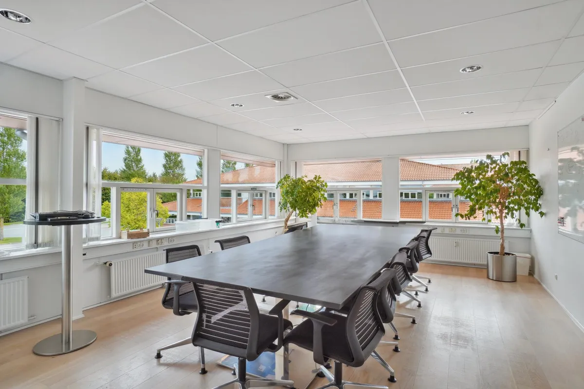 Minimalistisk mødeværelse med bord, stole, højtalere og plante i potte ved vinduet med udsigt til grønne træer og bygninger