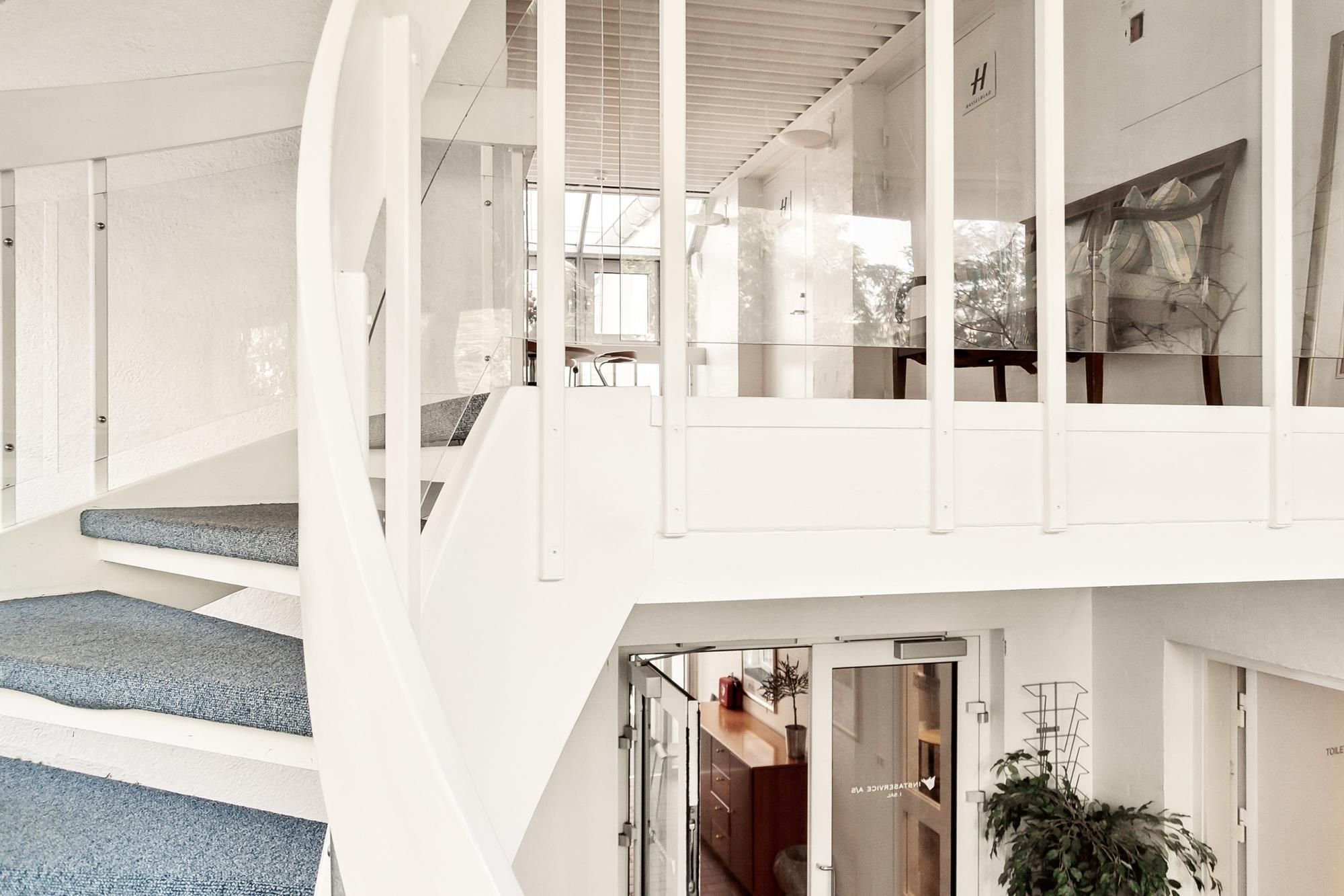 Hvid og glasindgang til et kontorlokal med terrasse, lysegardiner og skov i baggrunden. Højloftet og moderne indretning med