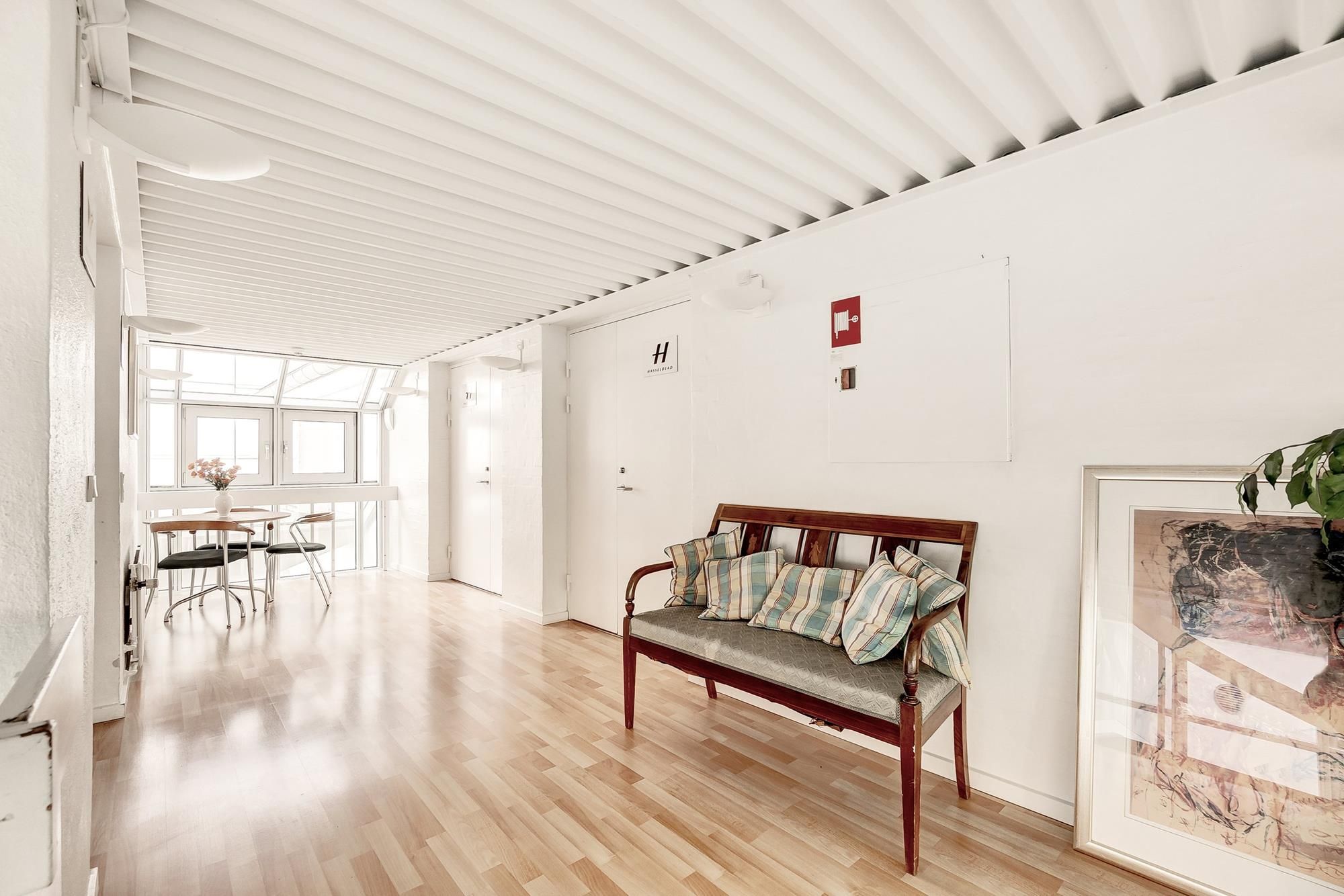 Moderne interiør med hvidt loft, trægulv og lyse møbler samt kunstværk og plante i ramme