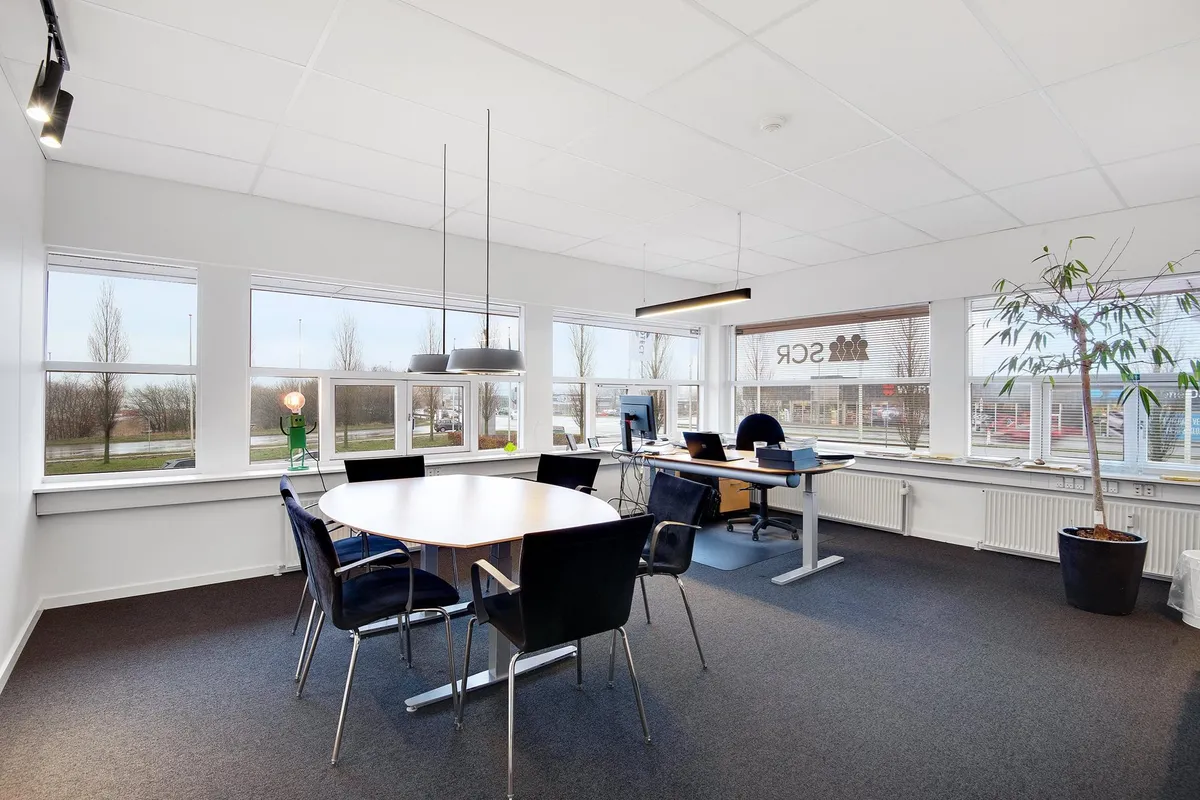 Kontorlokaler med lyse vinduer, moderne møbler og en plante ved siden af vinduet. Væggene er hvide, og der er en hvid