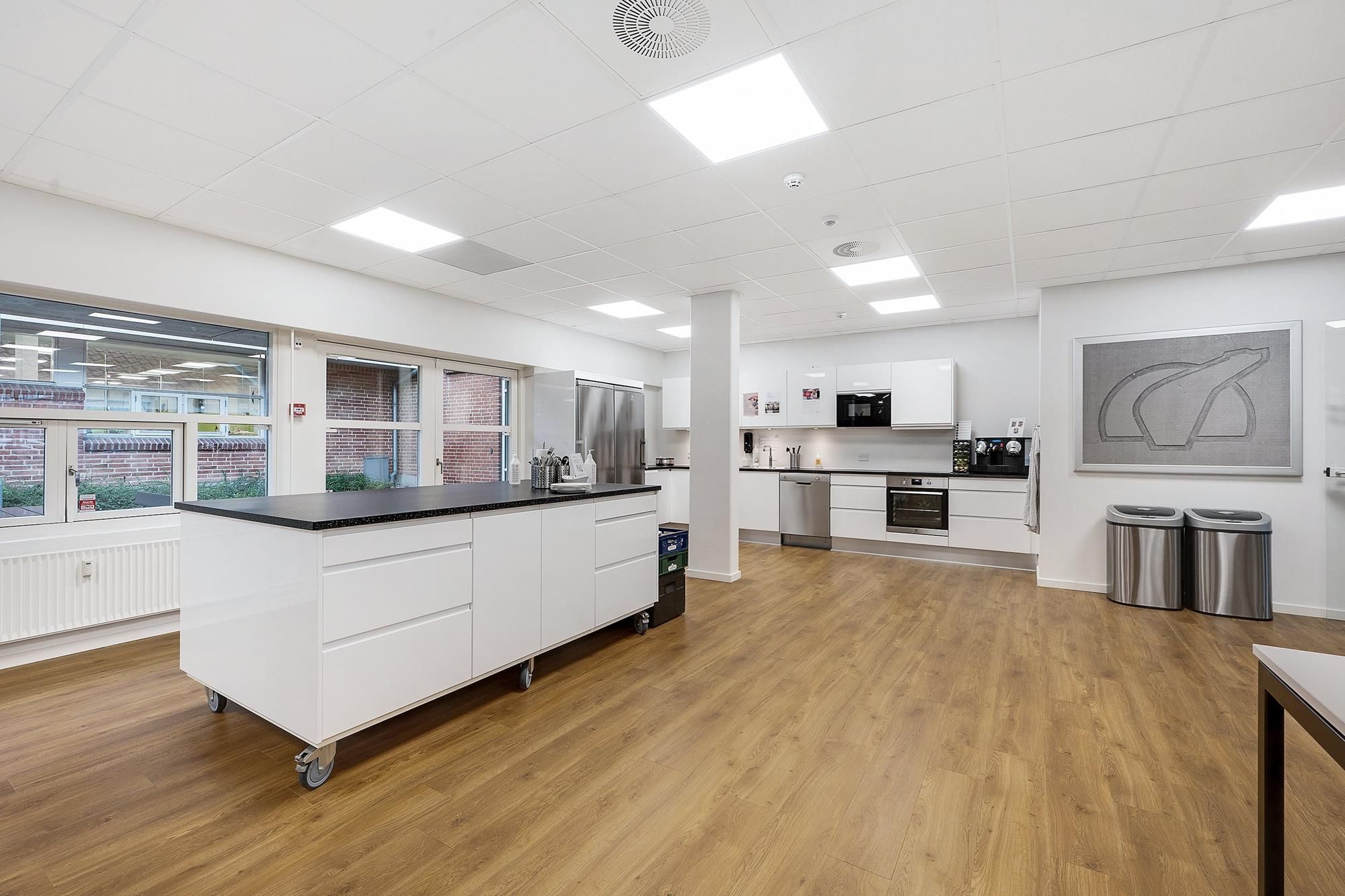 Et moderne køkken med hvide vægge og trægulv, køkkenø og indbygget apparater som ovn og mikroovn samt to stålaffaldsspande