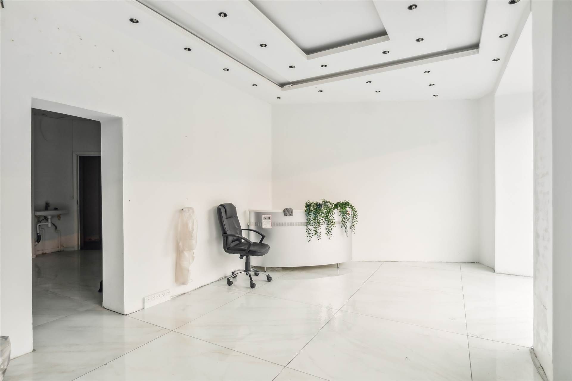 En tom hvid stue med en hvid stol og et hvidt bord med planter og en stribet skilt