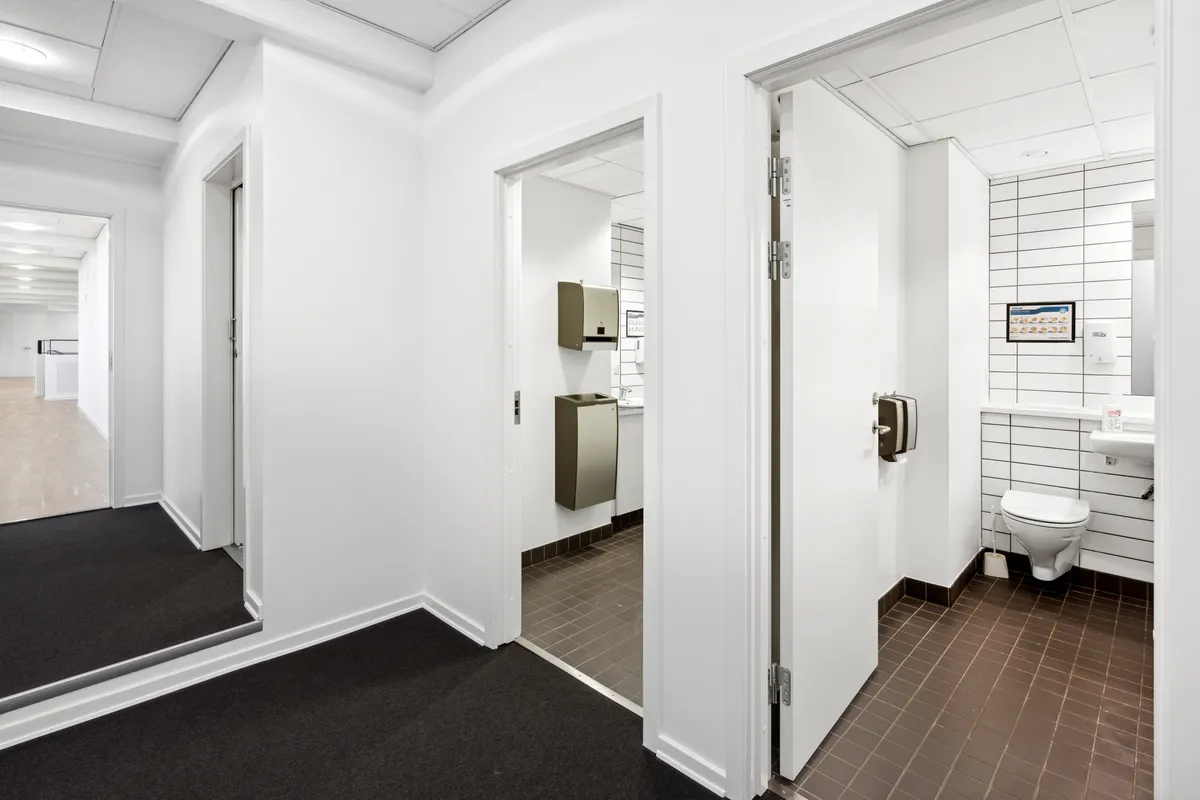 Lyst og rent toilet med hvidt og brunt gulv og lyse lofter Toilet med håndklædetørrer og toiletpapirdispenser samt spejl