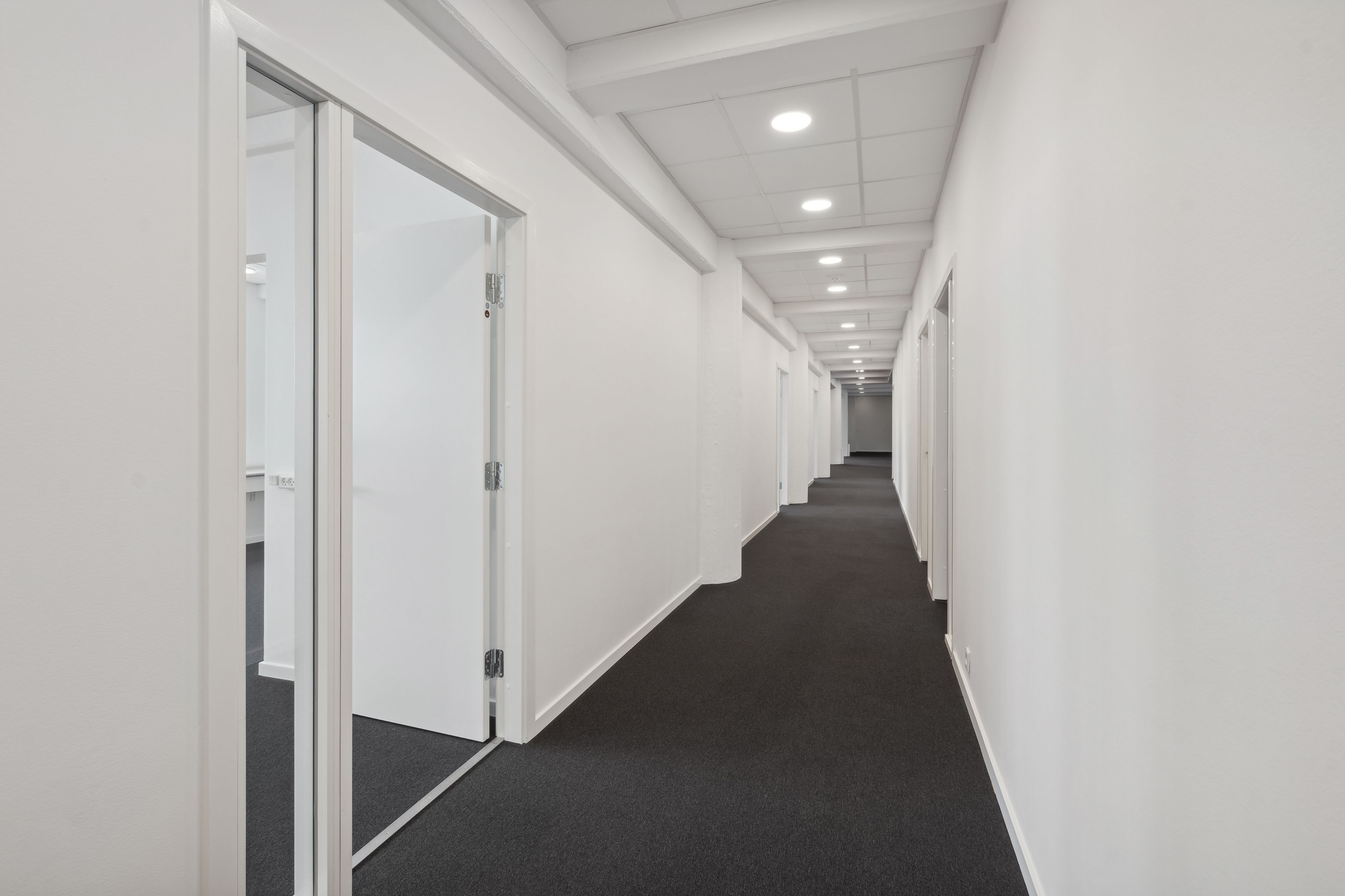Lang hal med hvide vægge og gulv og mørkt gulvtæppe i centrum to glasdøre og hvide loftsbælte med indbyggede lysekasser
