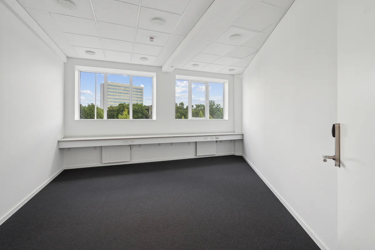 To vinduer med udsigt til et bygningskompleks og træer, hvid væg og hvid loftsbeklædning med indlejrede rundede lys, sort