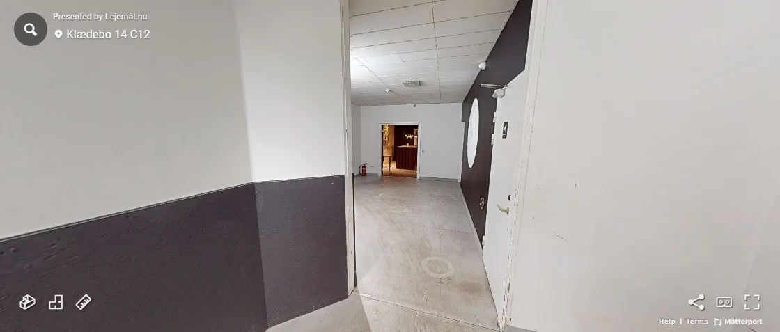 En mørk og lys hal med gulv og vægge samt udgangsdør, der er åben og leder ind i en lille stue.