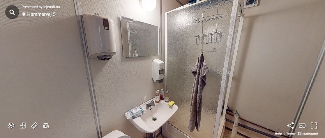 Et lille badeværelse med en hvid håndklædeholder, en håndsæbe og et glasdørs brusekabinet med et sæbefat og en hængende