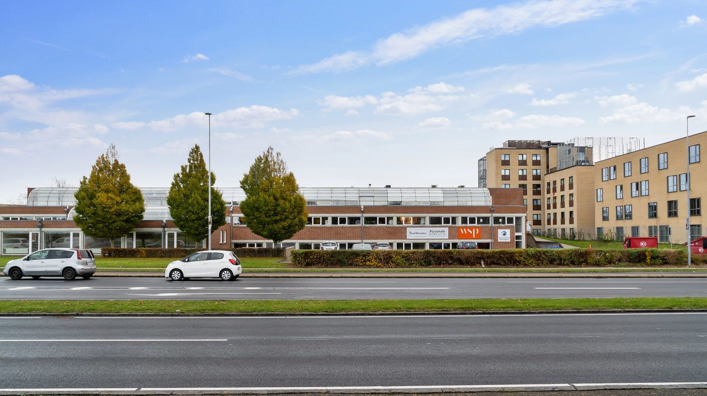 To biler parkeret ved siden af en vej med grønne områder og træer i forgrunden, og i baggrunden er der kontorer og bygninger