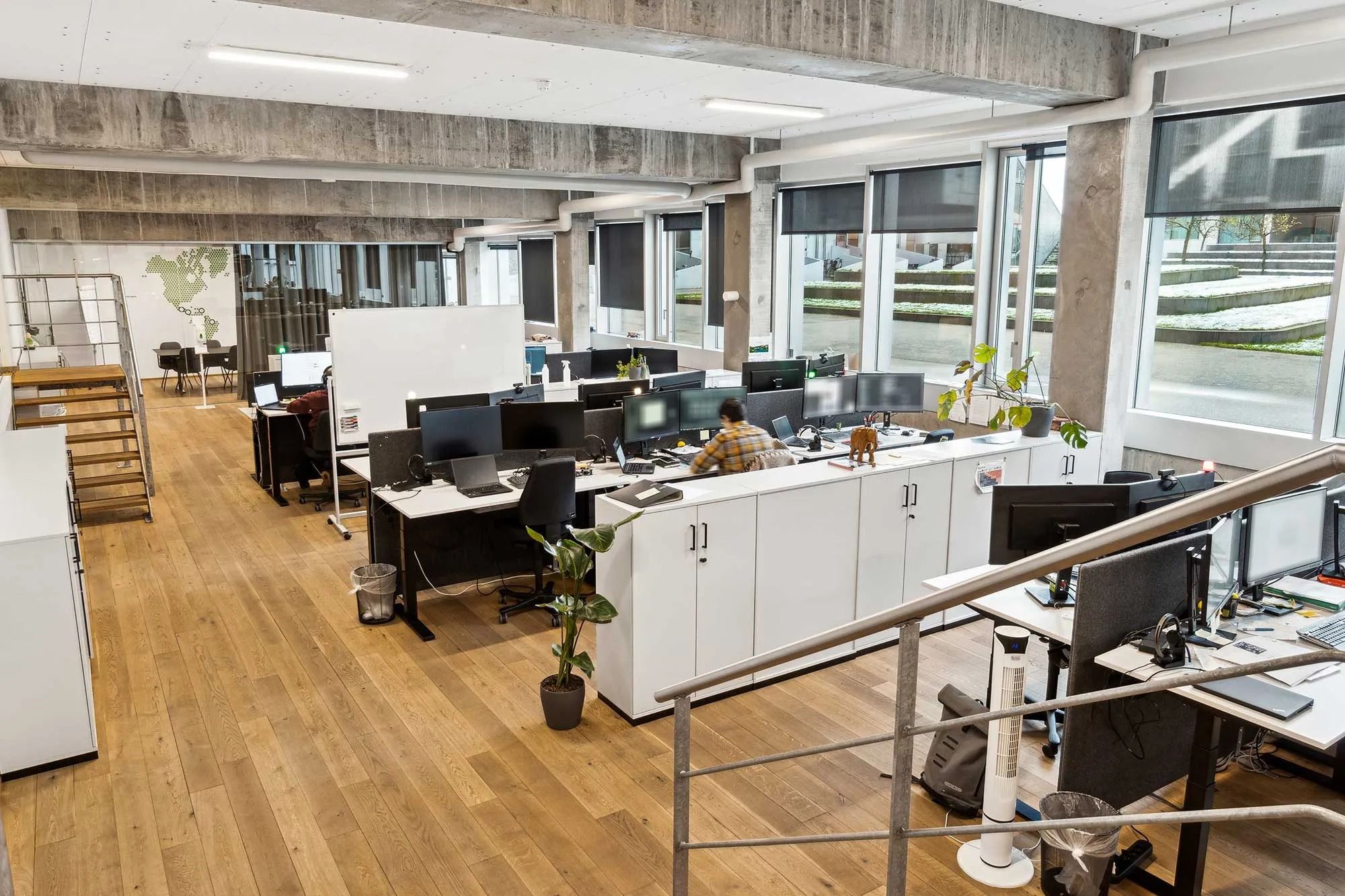 Kontor med moderne møbler og plante i en stor stue med høje vinduer og trægulv