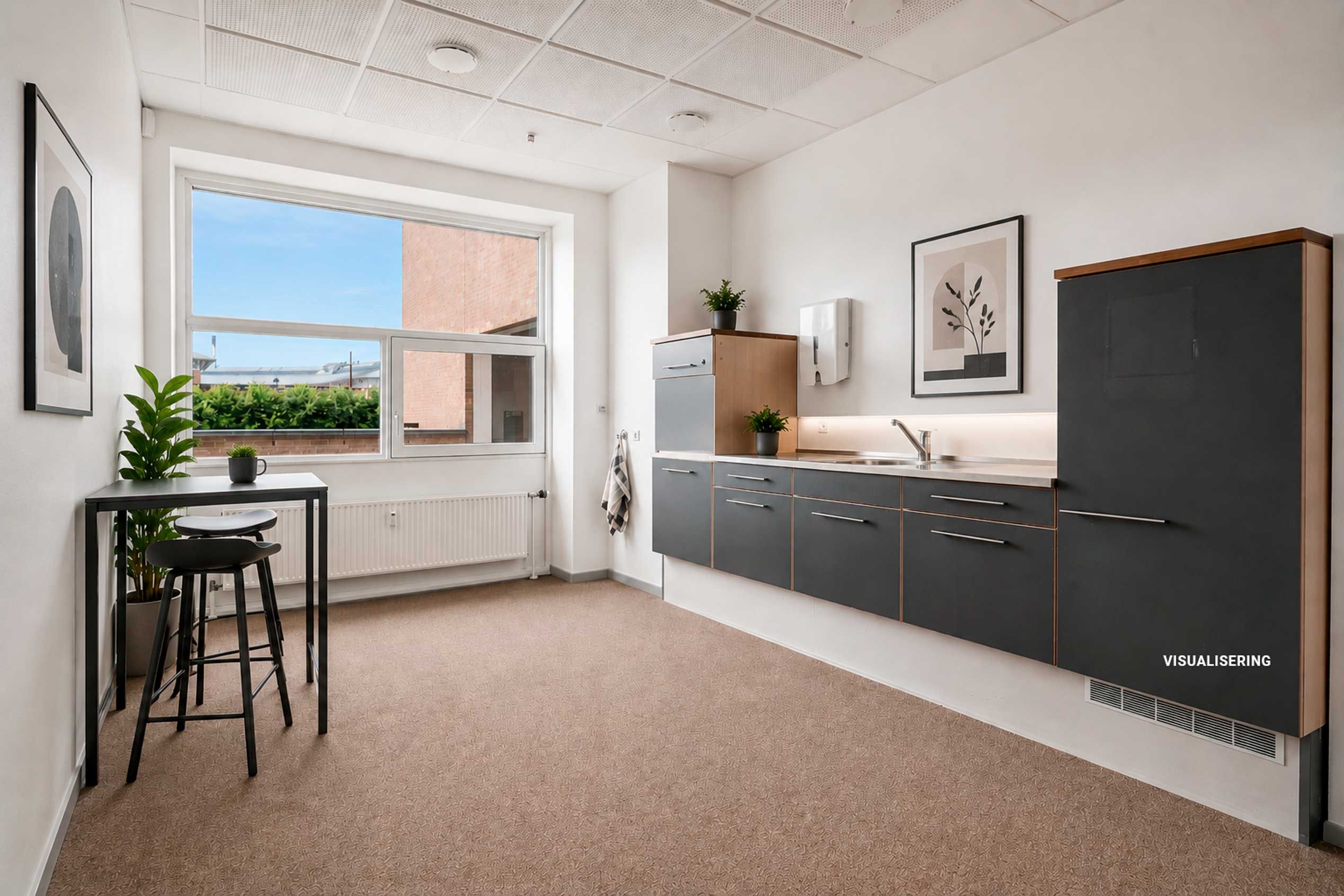 Moderne stue med gulvtæppe, bord med høje stole, plante og radiator under vinduet og køkken med vask og kabinetter.