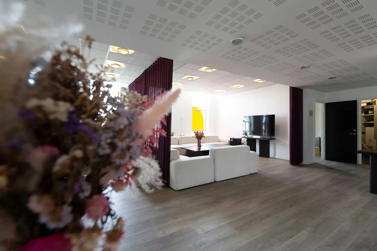 Lys, moderne stue med hvidt sæt, tv, gulvtæppe, blomster, lysekroner og mørke forhæng