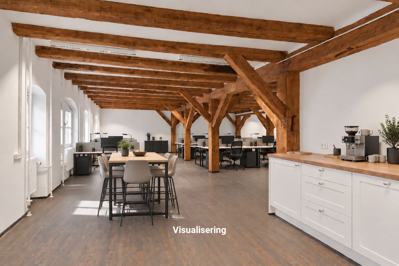 Nyrenoveret kontorlejemål med bjælkeloft og lyse loftshøjder. Moderne møbler og teknologi i et historisk setting. Forretningsmæssige faciliteter og spisestue med udsigt over Nyhavn.