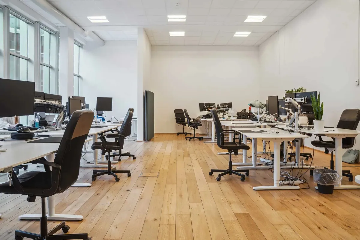 Kontor med trægulv og hvide vægge og skriveborde med computere og stole samt en plante i et hjørne