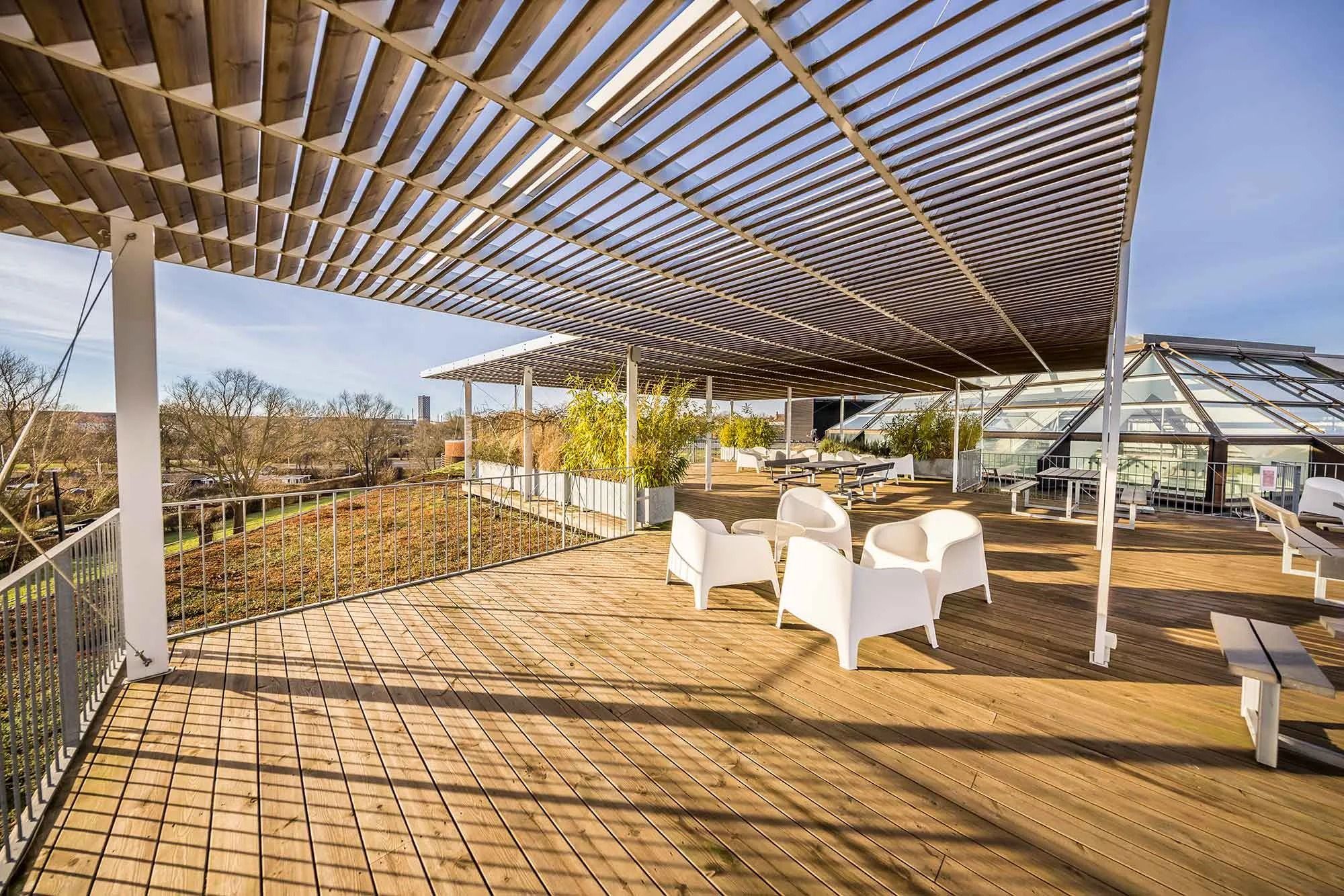 Terrasse med moderne møbler og grønne planter under et tag af træ og glas på en solrig dag