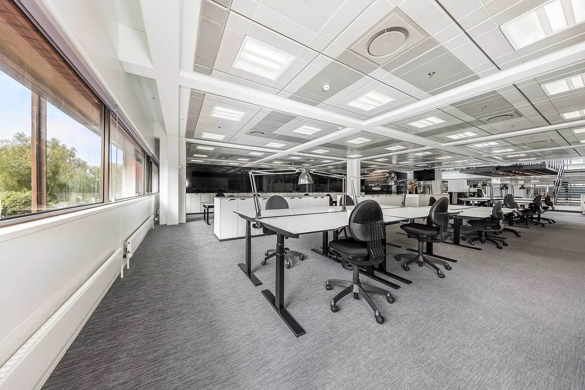 Kontorområde med moderne møbler og lyse vinduer, der giver masser af naturligt lys til arbejdsborde og loftslys