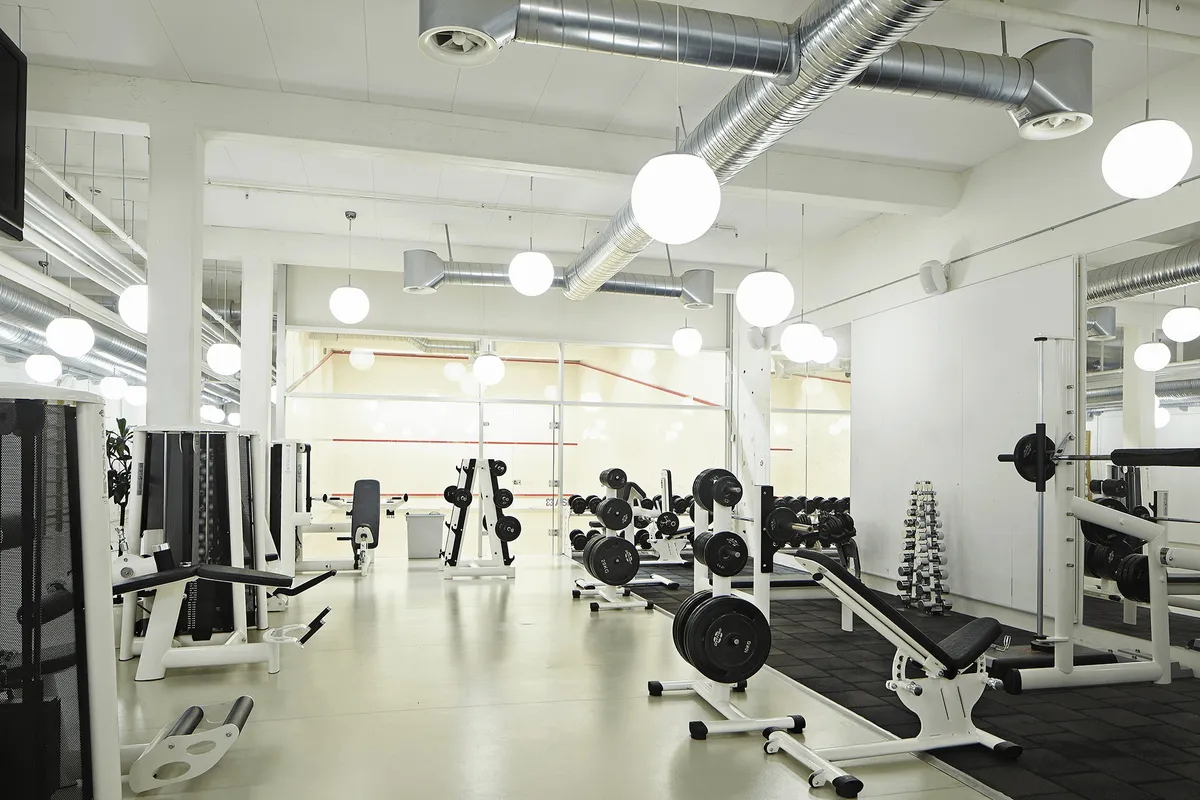 Billede af et moderne fitnesscenter med diverse fitnessudstyr, gulv til squats og apparater til styrketræning samt spejle i