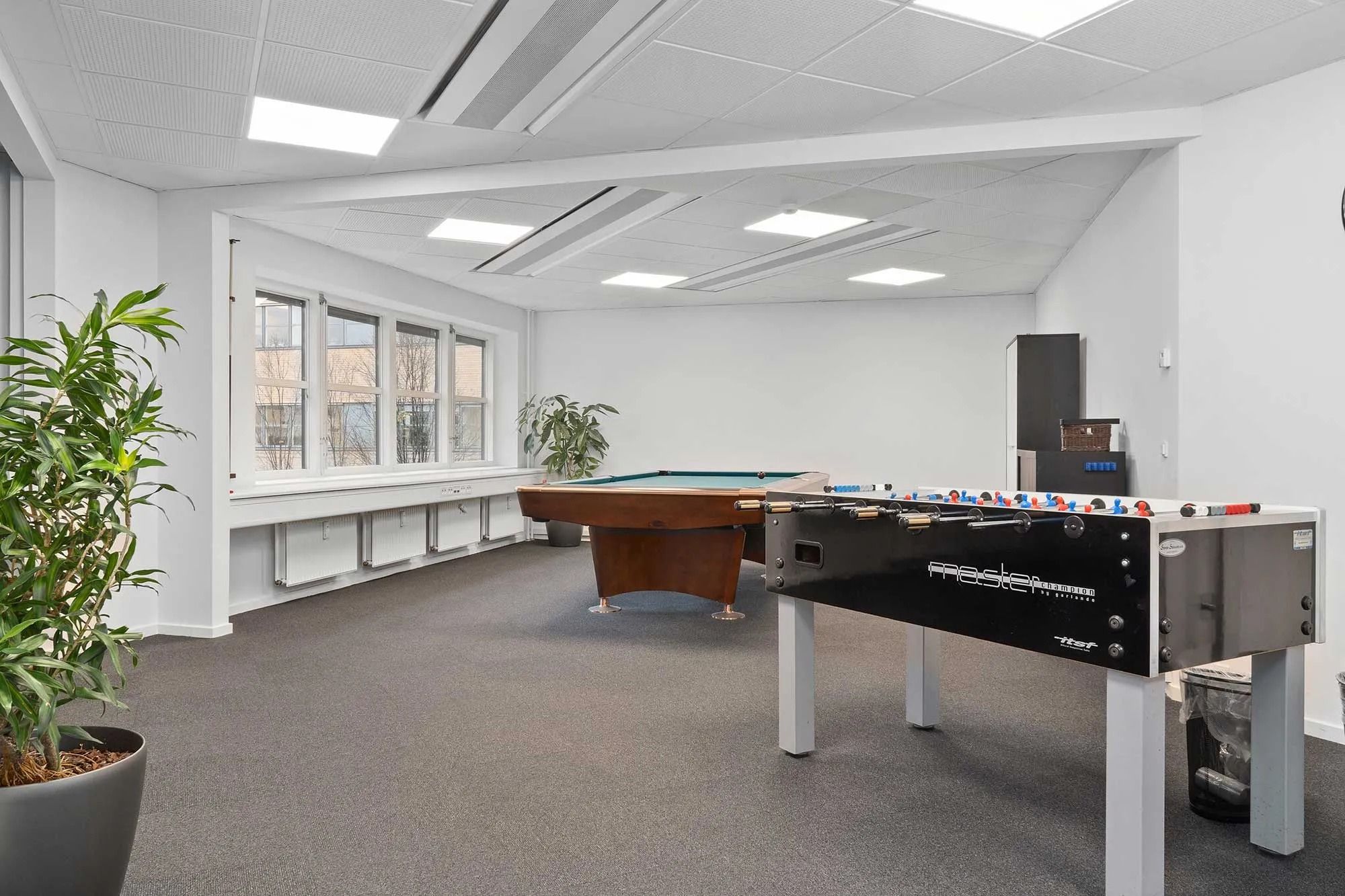En stue med poolbord og fodboldbord, trægulve, store vinduer og hvide vægge samt to plantepoter med grønne planter
