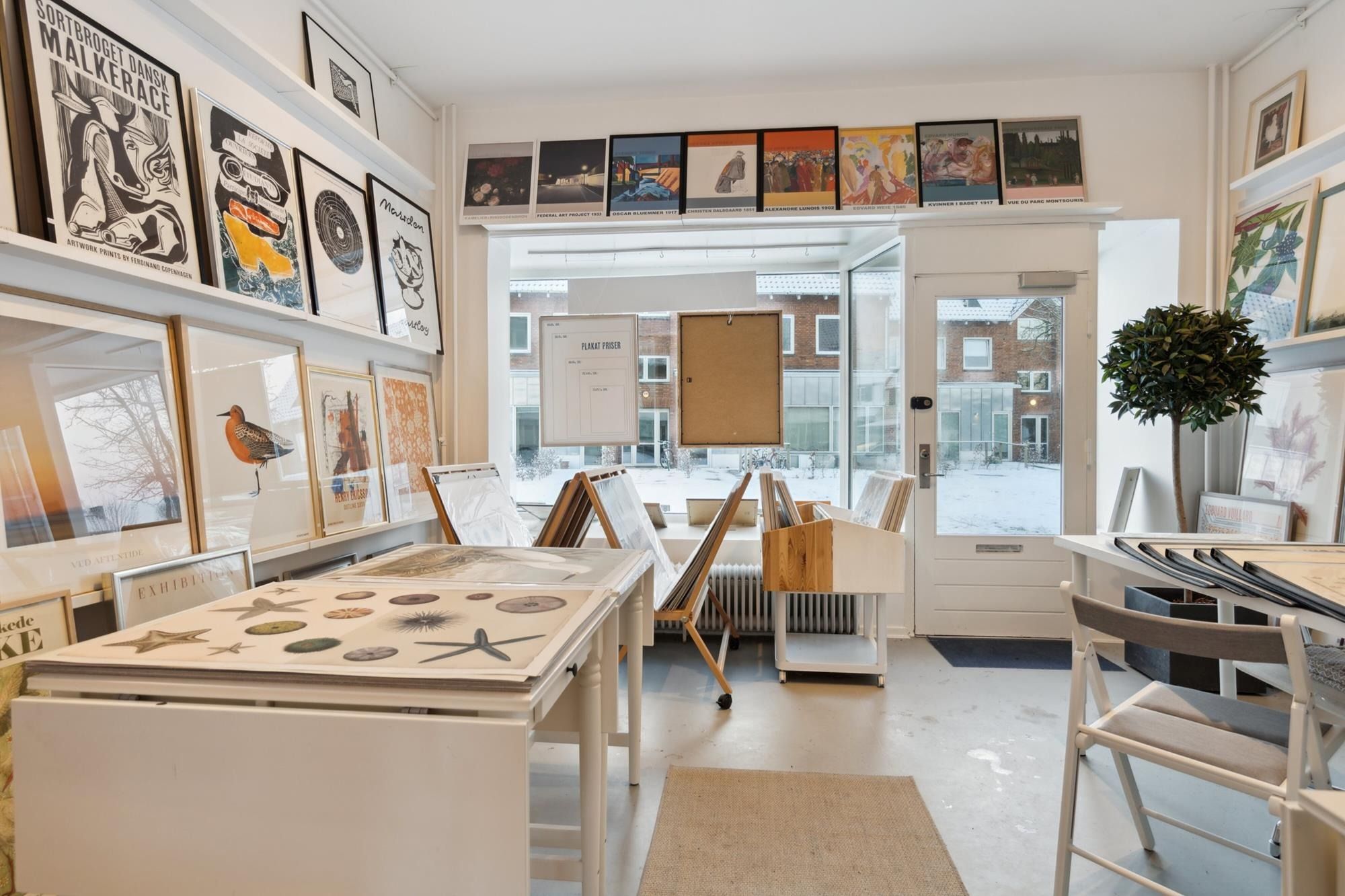 Hjørne lejlighed med smukke vægdekorationer, plante og møbler med udsigt til gården og sneplæne