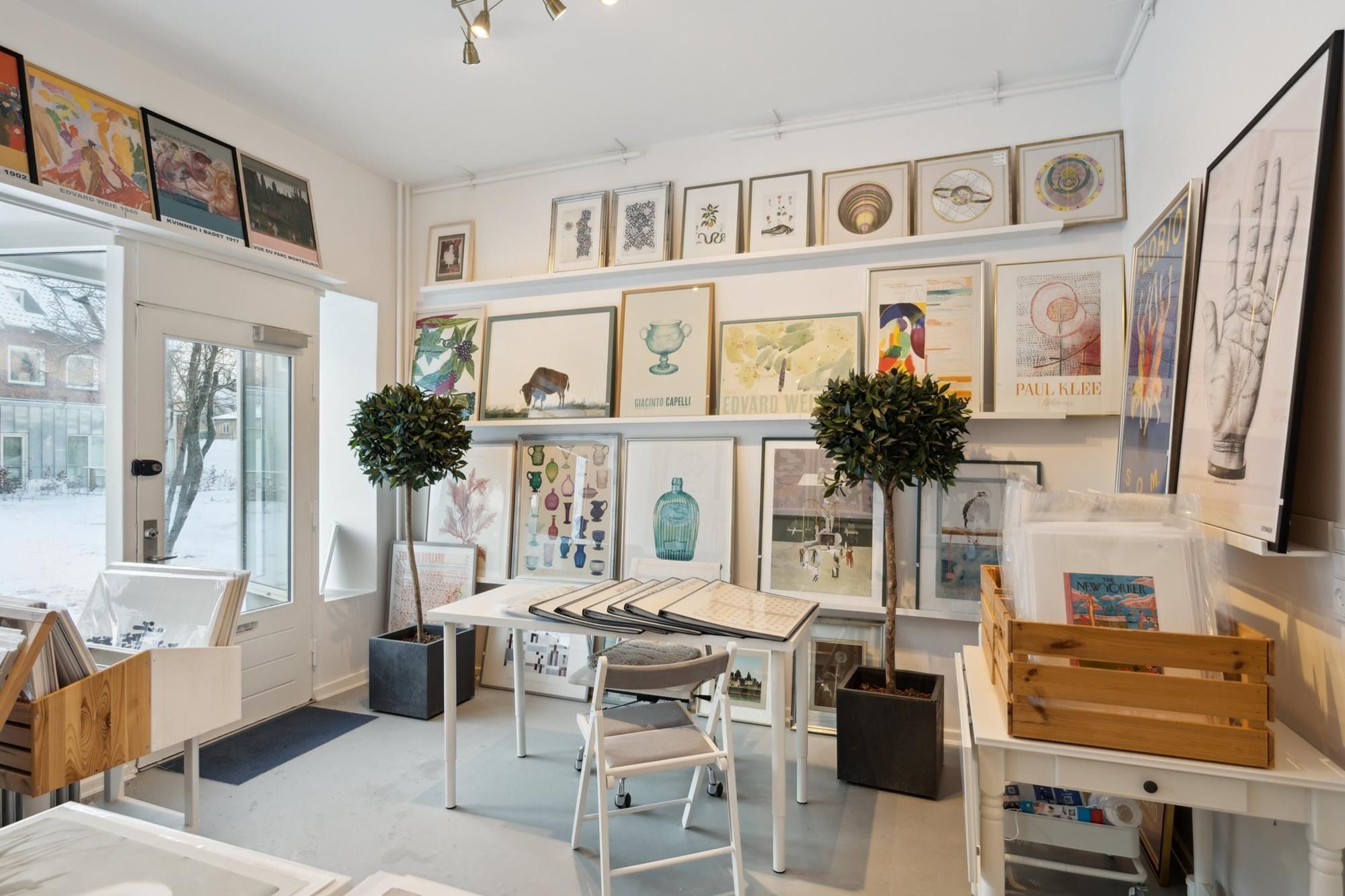 Minimalistisk og velindrettet butik med mange malerier og tegninger på væggen, to høje toppede planter og et højt højbord