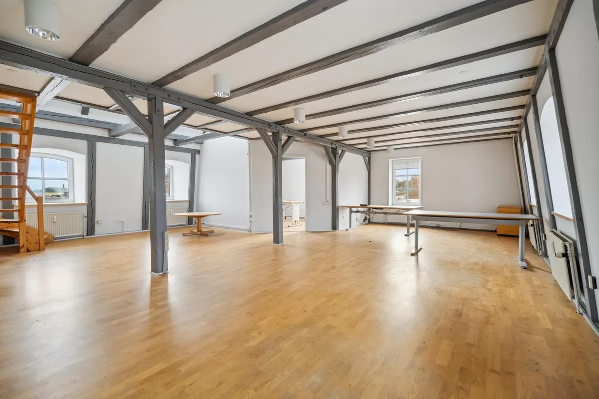 Her er en stor stue med massivt træloft, høje vinduer og lyse loftslamper. Gulvet er af lyse træplanker og har gode