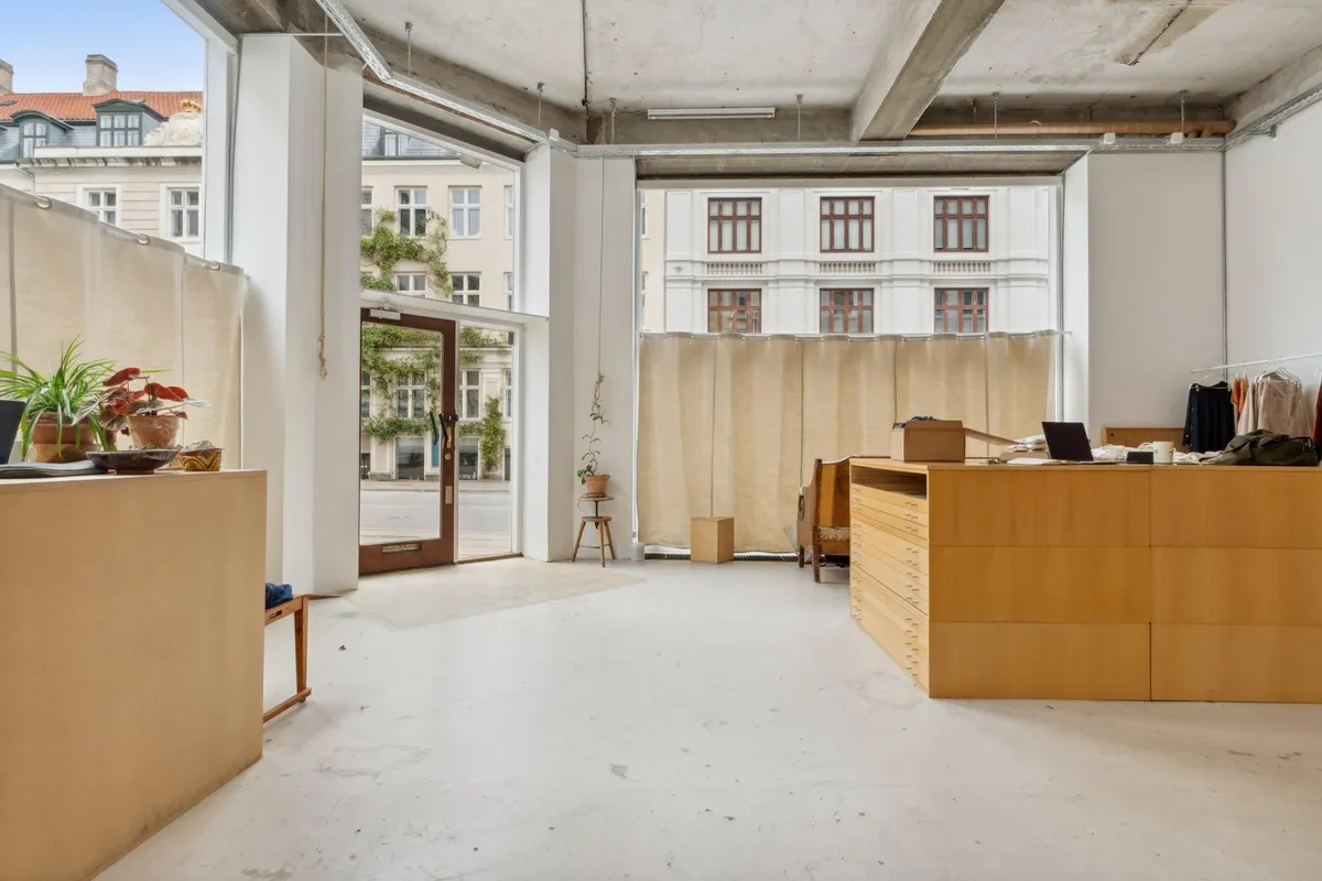 Minimalistisk design med højloftede rum og store vinduer, udstyret med bæltstang, simpel møbelplacering og stående plante.