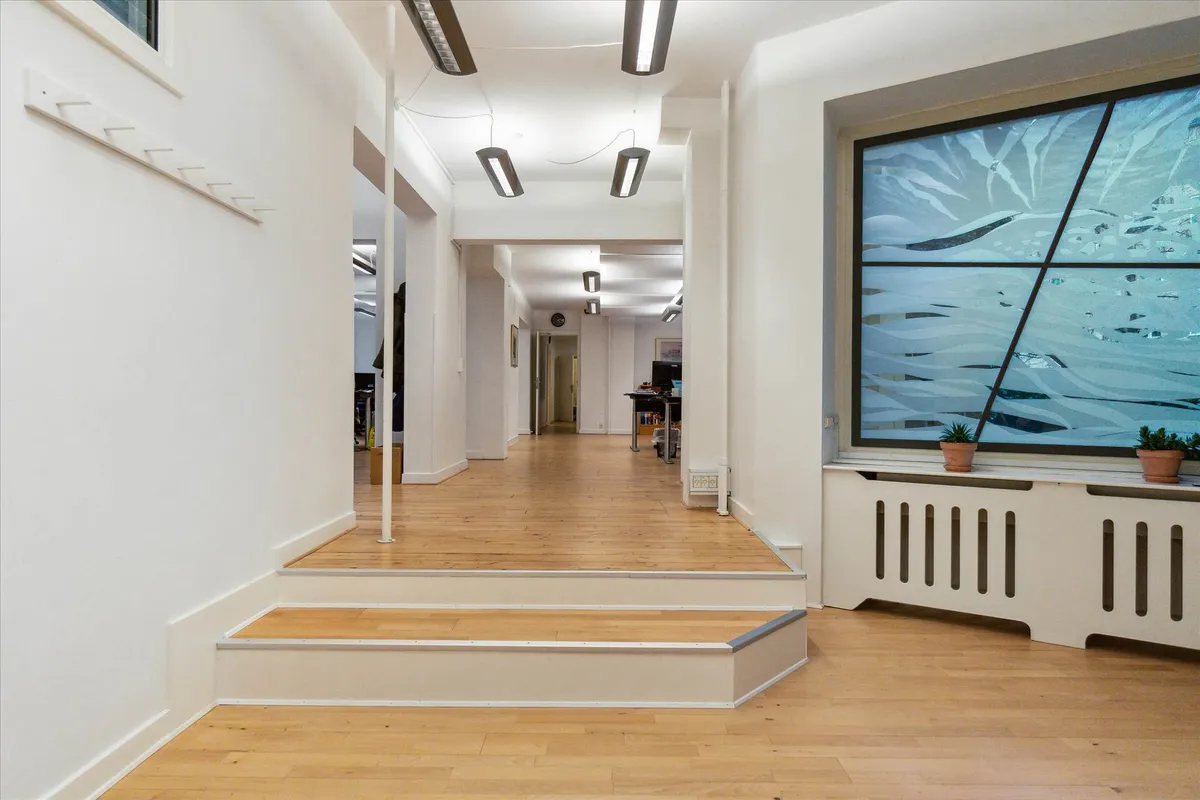 Hallen med lyse loftslamper og hvide vægge, trægulvet og højt vindue med særligt glasdesign samt hvide radiatorer med