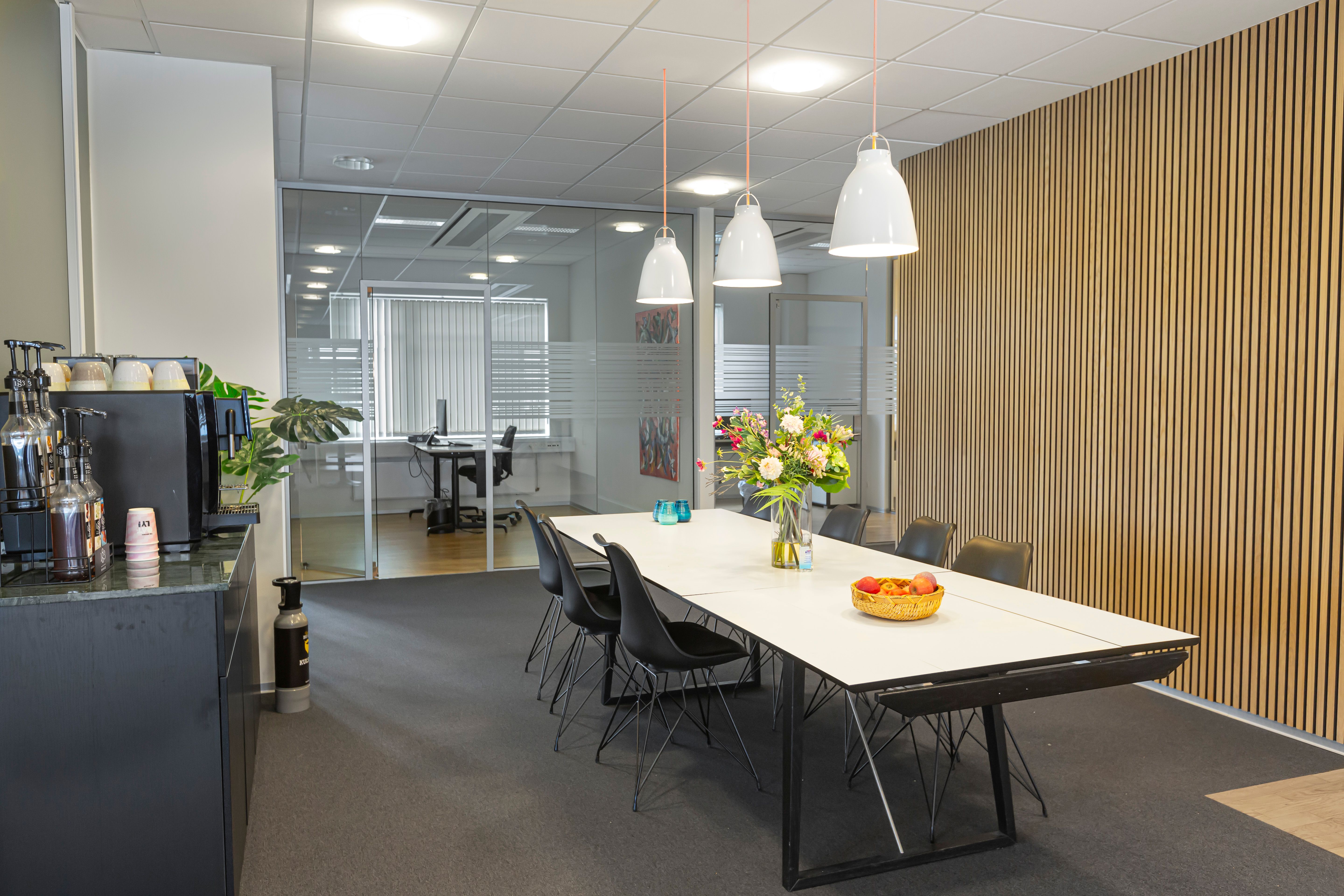 Kontor med moderne møbler og dekorationer, lyse loftslampe, tekøkken med kaffemaskine, blomster, frugtkurv, og en udendørs