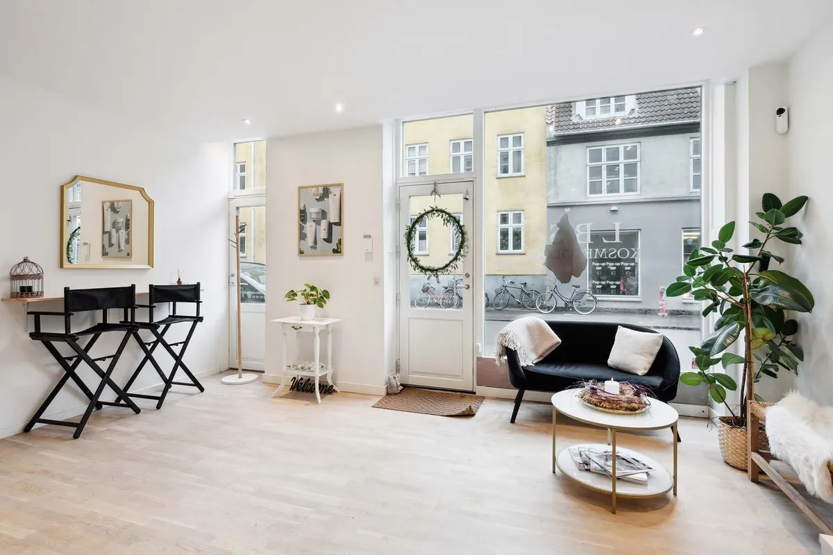 Minimalistisk stue med hvide vægge, trægulv, to højsæde, sofa med pude og bord med plante samt vindue med udsigt til gaden