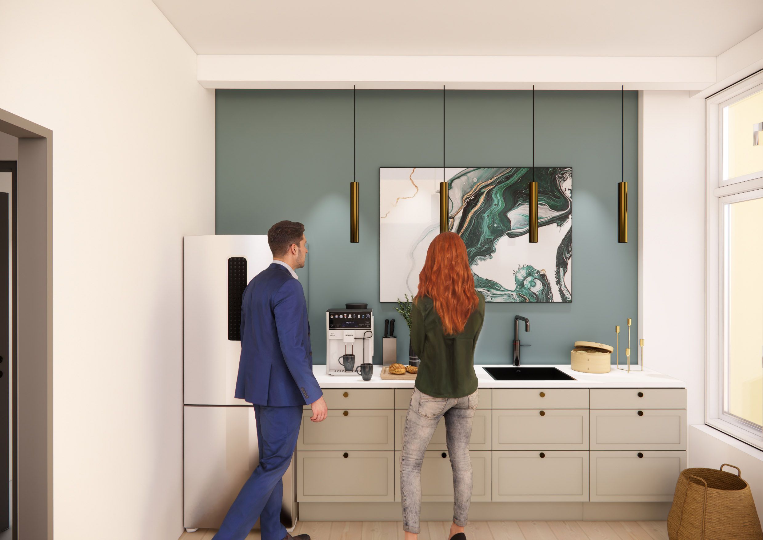 Et køkken med et lysegråt vægmaleri, to hængelampe, en lyseblå køleskab og en kunstig plante ved vandhanen